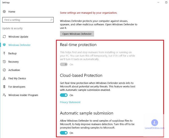 Klik Manage Settings, dan matikan tombol Real-time protection, Cloud-delivered protection, dsb