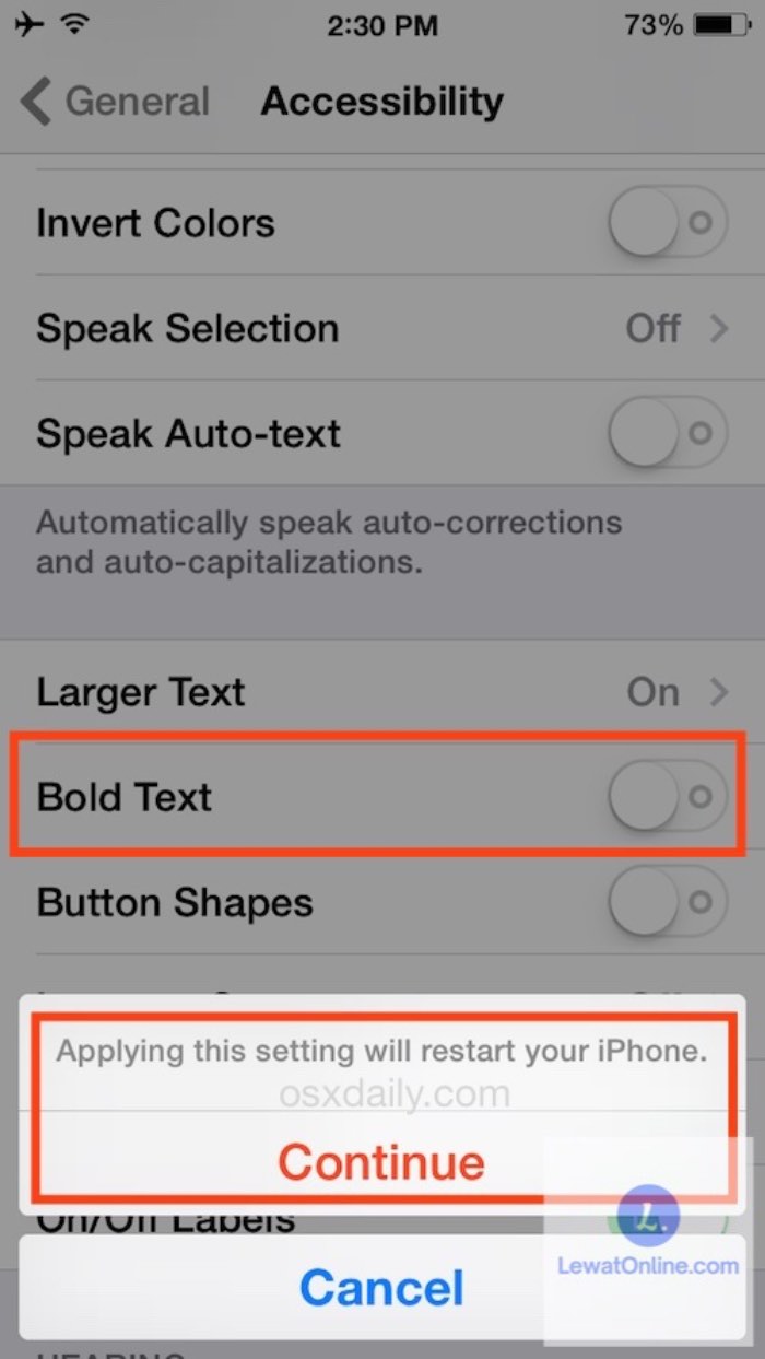 Muncul pemberitahuan applying this setting with restart your iPhone lalu bisa memilih tulisan continue