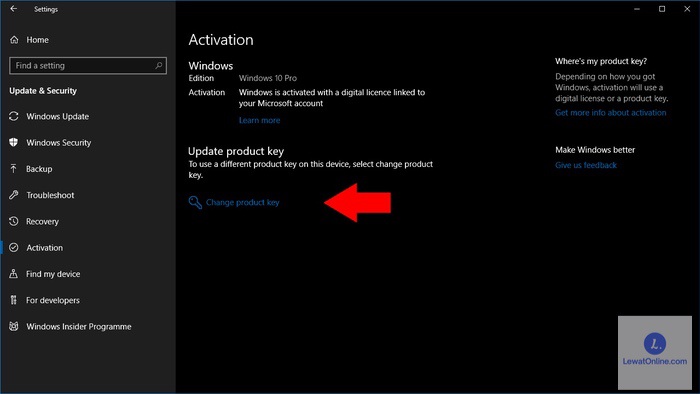 Pilih opsi Change product key untuk melakukan aktivasi Windows 10 Pro