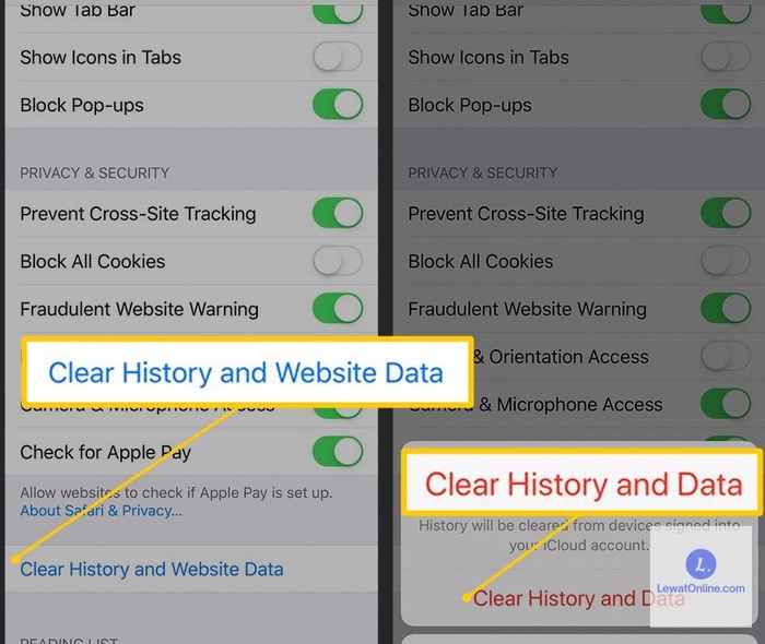 Silahkan klik clear history dan data agar bisa memulai menghapus cache aplikasi safari