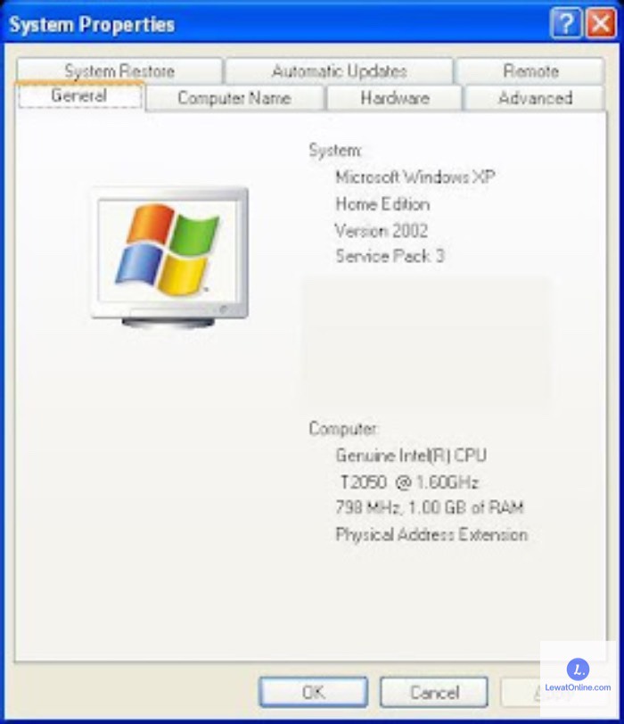 System Properties akan menampilkan data dan informasi lengkap mengenai produk Windows XP yang terinstal.