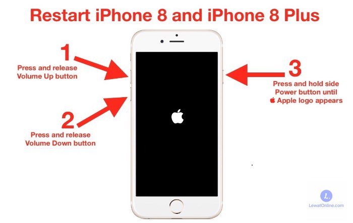 Tahan dan tekan secara bersamaan pada side button (power button) sampai muncul tampilan logo Apple di layar ponsel