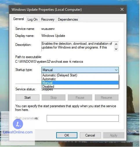 “Windows Update Properties” akan muncul di layar