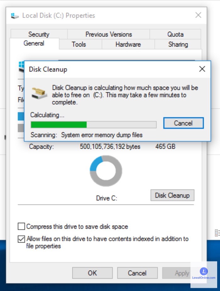 Pada tab General, pilih opsi “Disk Cleanup” kemudian tunggu hingga proses scanning