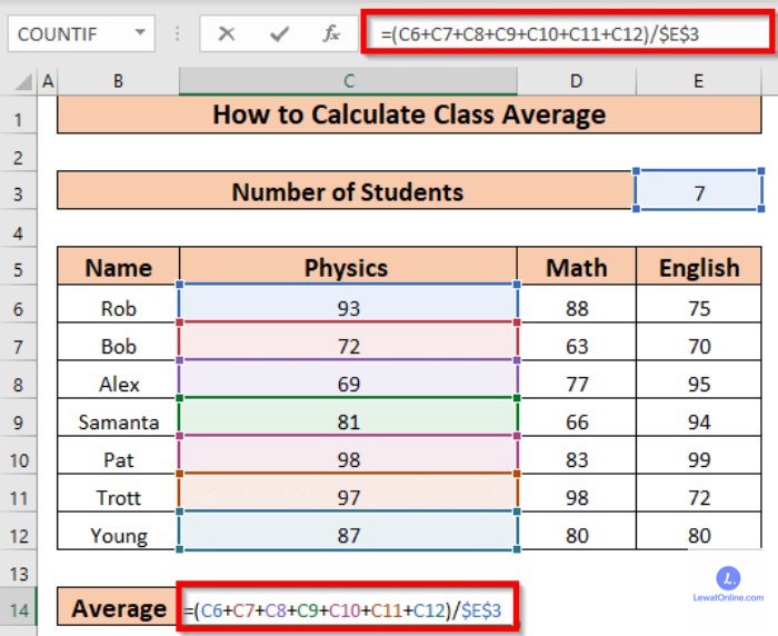 Contoh Penerapan Cara Menghitung Rata Rata di Excel