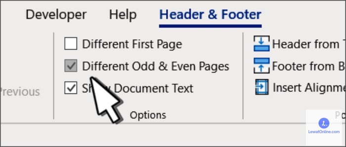 Jika header_footer sudah aktif, selanjutnya klik Different odd & even page.
