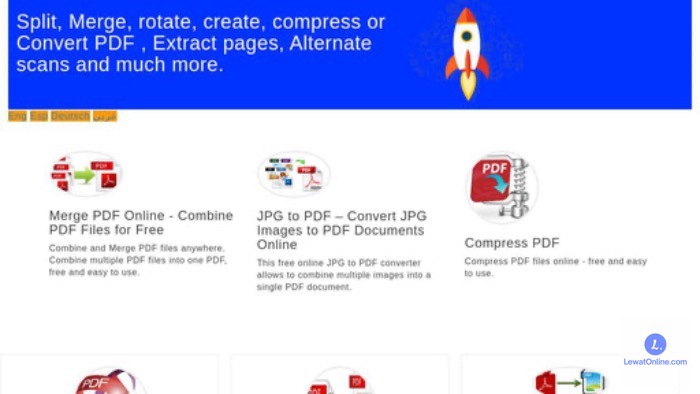 Langkah pertama, buka browser lalu kunjungi website PDFCandle melalui link berikut https-::pdfcandle.com:merge_doc.aspx.