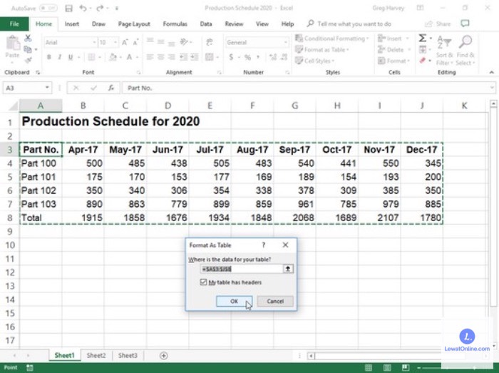 Pilih menu “format as table”yang tersedia di toolbars Excel