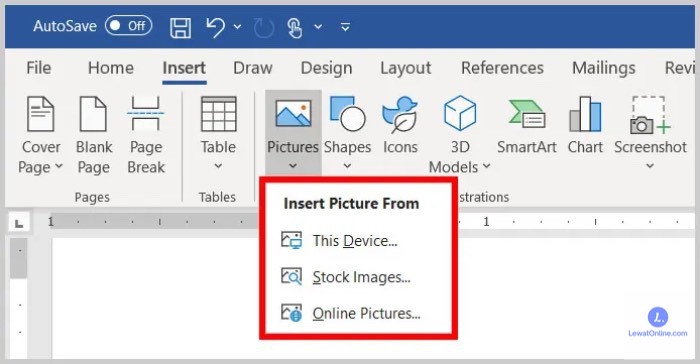 Pilih menu “insert” lalu klik pada opsi “pictures”