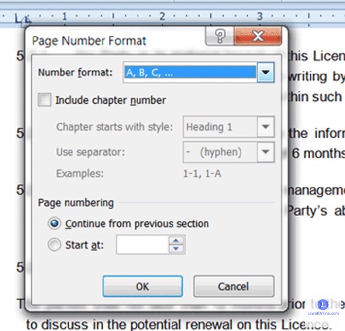 Pilih opsi Format Page Number untuk mengatur nomor halaman.